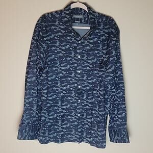 Michael Bastain long sleeve button down shirt blue camo print trim fit mens XL‎